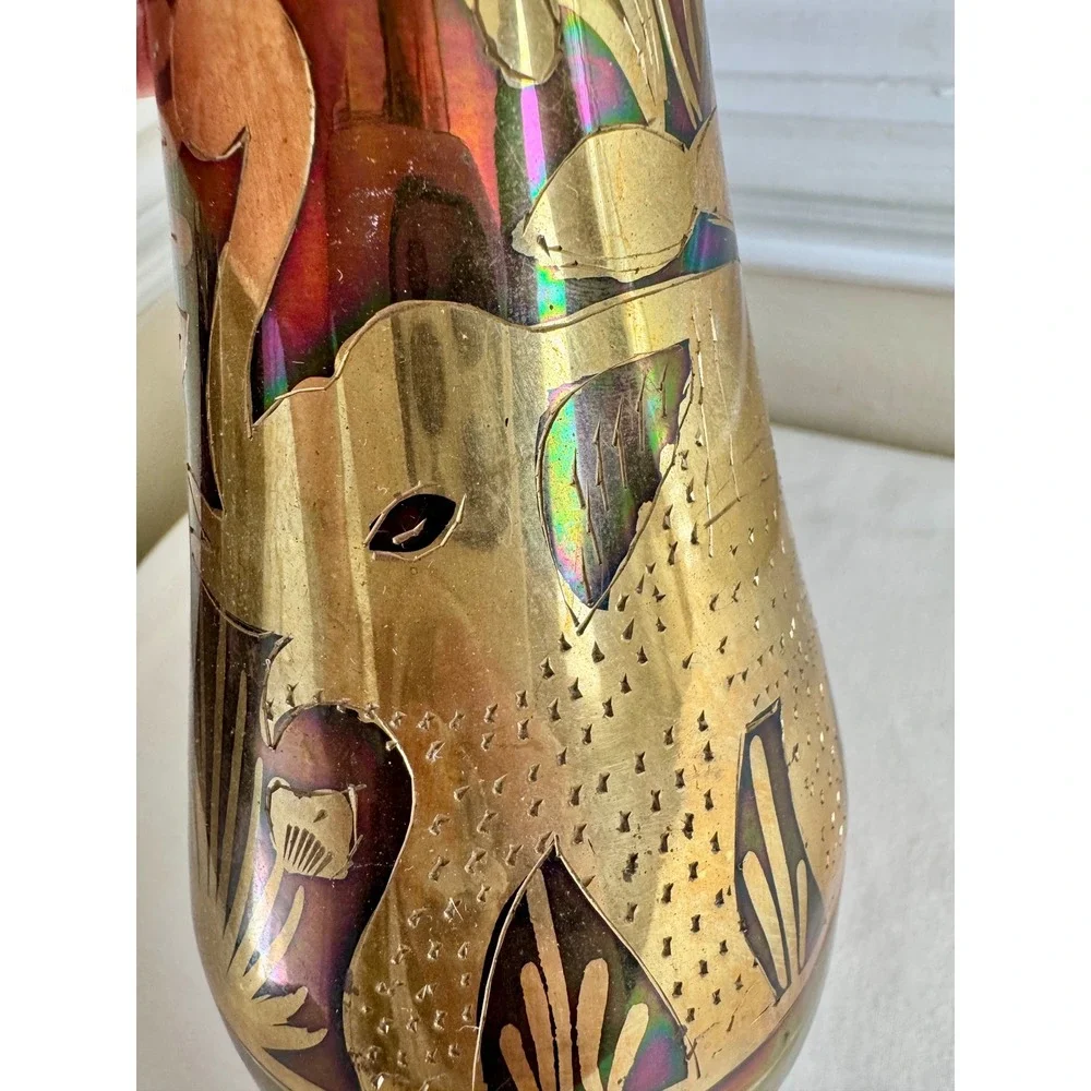 Vintage Etched Brass Elephant Vase Iridescent Patina 11